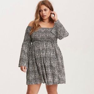 Abstract Print Smocked Bell Sleeve Dress